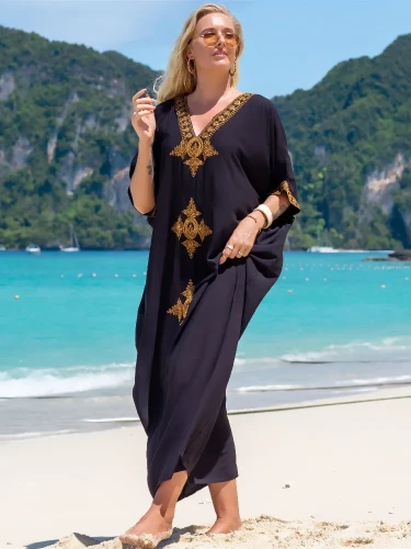 Elegancka tunika plażowa, długa sukienka, długa tunika oversize, tunika na plażę, sukienka plażowa, haftowana tunika